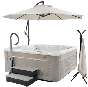 Hot tub umbrella provides shade for you and shades your hot tub from damaging sunlight.