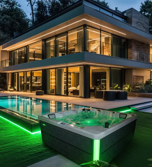 TubLease Hot Tub Rental and Sales 4 A modern two-storey house with large glass windows is illuminated at dusk. In the foreground, a stunning infinity pool and a glowing green-lit jacuzzi sit on a patio with artificial grass, creating a luxurious and inviting atmosphere.