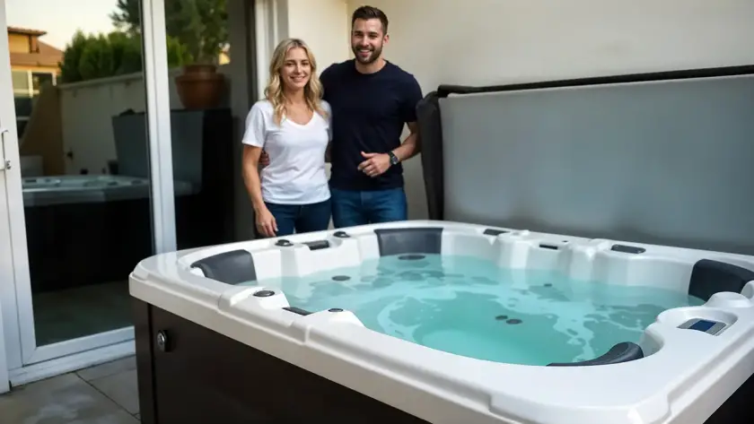 A smiling couple stands next to an outdoor hot tub filled with water on a patio in Dubai. The hot tub cover is partially open, suggesting recent installation, and a sliding glass door leads inside the house.