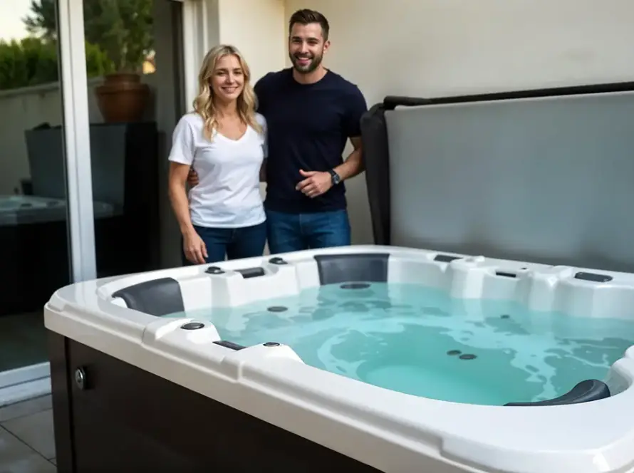 A smiling couple stands next to an outdoor hot tub filled with water on a patio in Dubai. The hot tub cover is partially open, suggesting recent installation, and a sliding glass door leads inside the house.