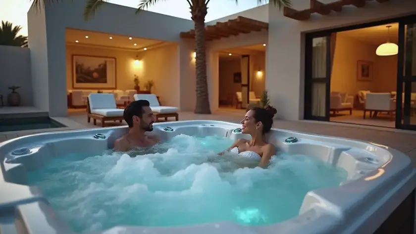 A man and woman relax in a bubbling outdoor hot tub at sunset, smiling at each other. Behind them, a modern Dubai villa features loungers, palm trees, and warmly lit rooms—perfect after a fresh hot tub installation.