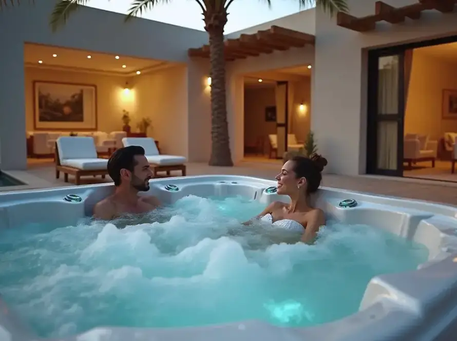 A man and woman relax in a bubbling outdoor hot tub at sunset, smiling at each other. Behind them, a modern Dubai villa features loungers, palm trees, and warmly lit rooms—perfect after a fresh hot tub installation.