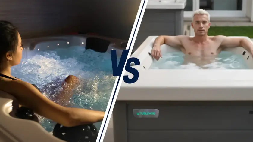 Split image: On the left, a woman relaxes in a bubbling, lit indoor jacuzzi. On the right, a man with short fair hair enjoys a calm outdoor hot tub—potentially in Dubai. “VS” between them compares these two serene scenes.