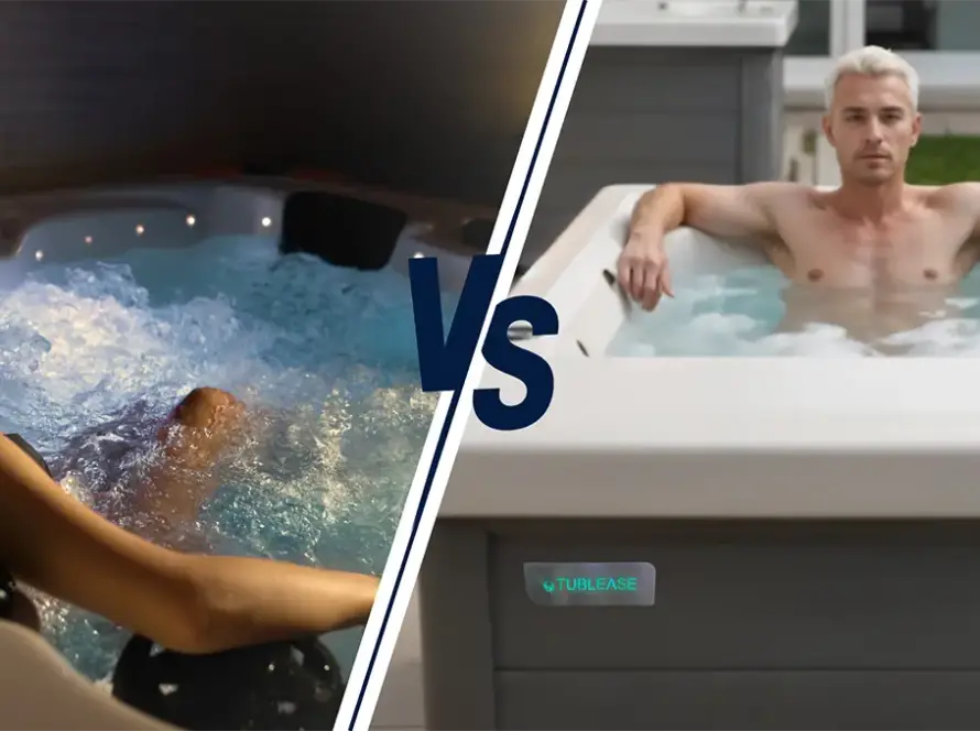 Split image: On the left, a woman relaxes in a bubbling, lit indoor jacuzzi. On the right, a man with short fair hair enjoys a calm outdoor hot tub—potentially in Dubai. “VS” between them compares these two serene scenes.
