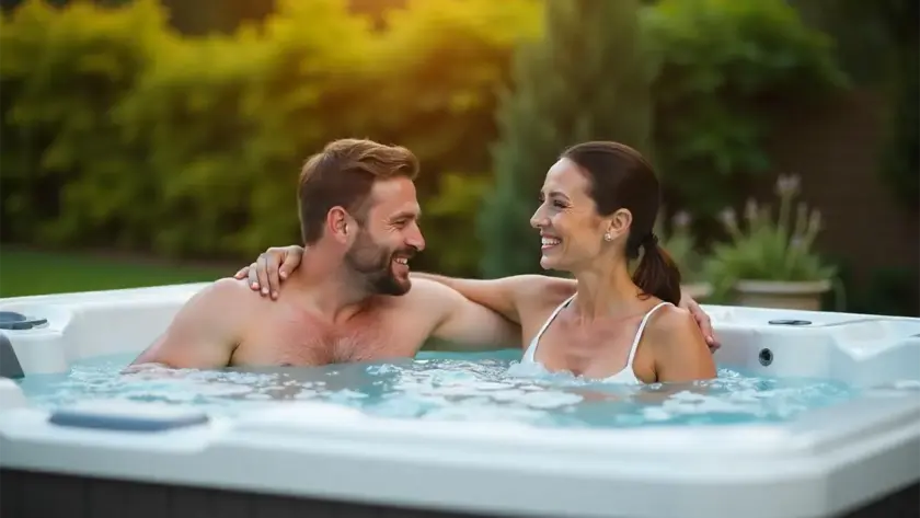 A smiling man and woman relax together in a hot tub outdoors, surrounded by greenery in the UAE, with the man’s arm round the woman’s shoulders.
