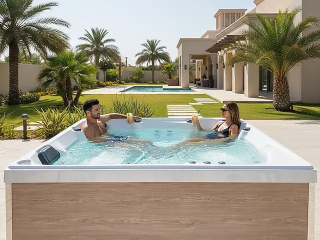 TubLease Hot Tub Rental and Sales 1 A man and woman relax in a swim spa with drinks, smiling at each other in a sunny, landscaped garden with palm trees and a modern house in the background. Enjoy luxury that’s affordable and unwind together any time.