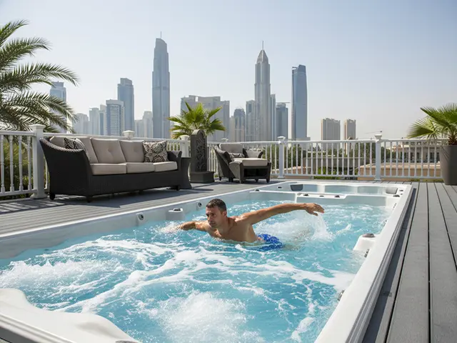 TubLease Hot Tub Rental and Sales 2 A man swims in a small pool on a rooftop terrace, featuring modern outdoor furniture, palm plants, and a city skyline with tall skyscrapers—perfect for a relaxing rental getaway or as part of an exclusive hot tub experience.