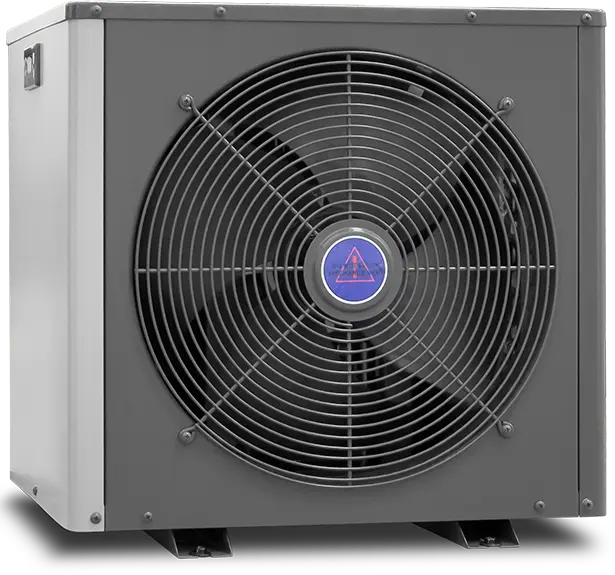 The Clim8zone II is a large, square outdoor heat pump with a bold black circular fan and grille on the front, ideal for cooling your space and turning it into a summer oasis.