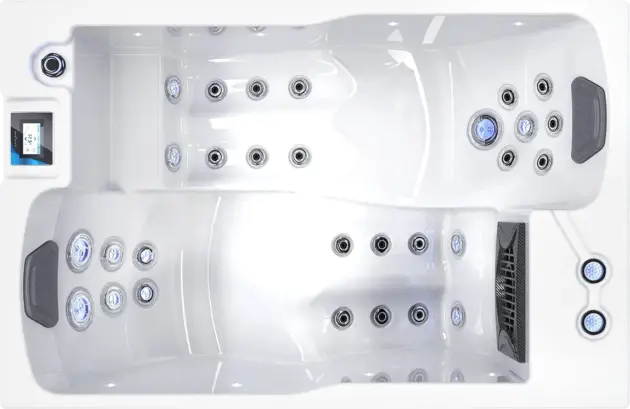 Top-down view of the Oceania, a modern 2-person hot tub with multiple jets, two headrests, built-in speakers, and a left-side touchscreen control panel. Ideal for rental properties and designed for ultimate relaxation.