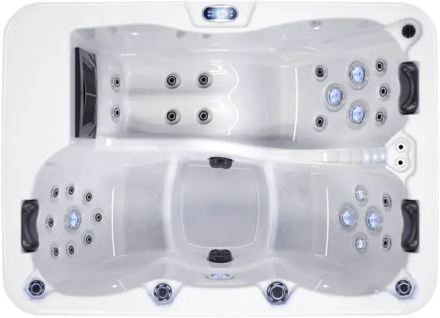 Top-down view of Euphoria, a sleek white rectangular jacuzzi with built-in seats, multiple jet nozzles, headrests, control panel, and cup holders. Shown empty of water—ideal for adding luxury to homes in Dubai or Abu Dhabi.