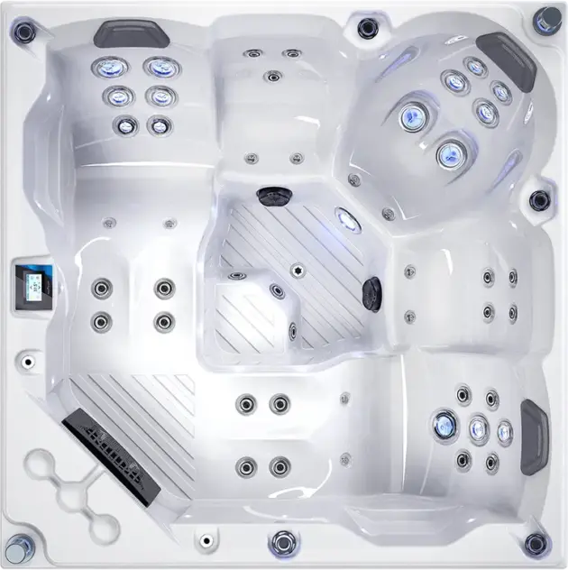 Top-down view of the Tranquilo— a modern white jacuzzi featuring multiple seating areas, varied jet placements, digital control panel, cup holders, textured flooring, and built-in LED lights for stylish relaxation after busy summer days in Abu Dhabi.
