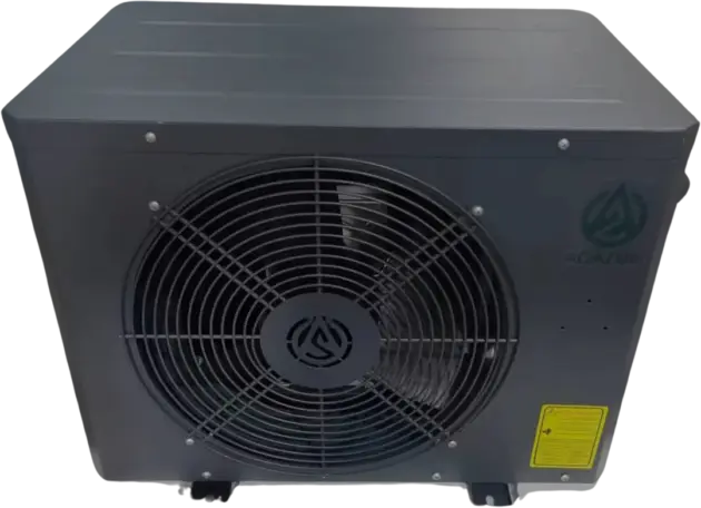 A grey AqaCool heat pump features a large circular front fan grille, brand name and logo on the side, plus a yellow info label at the bottom right—ideal for creating a summer oasis or powering cold plunges in Dubai.