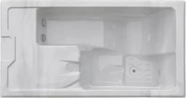 Top view of the DuoIce: a white, rectangular bath with a built-in seat, textured foot area, and integrated chiller—ideal for hire and perfect for creating your own refreshing ice bath. Marble-patterned surround adds style.